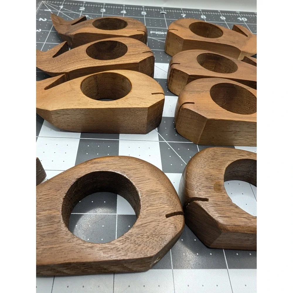 Hand Carved Wood Whale Napkin Rings Set of 8 Coastal Nautical Decor Brown